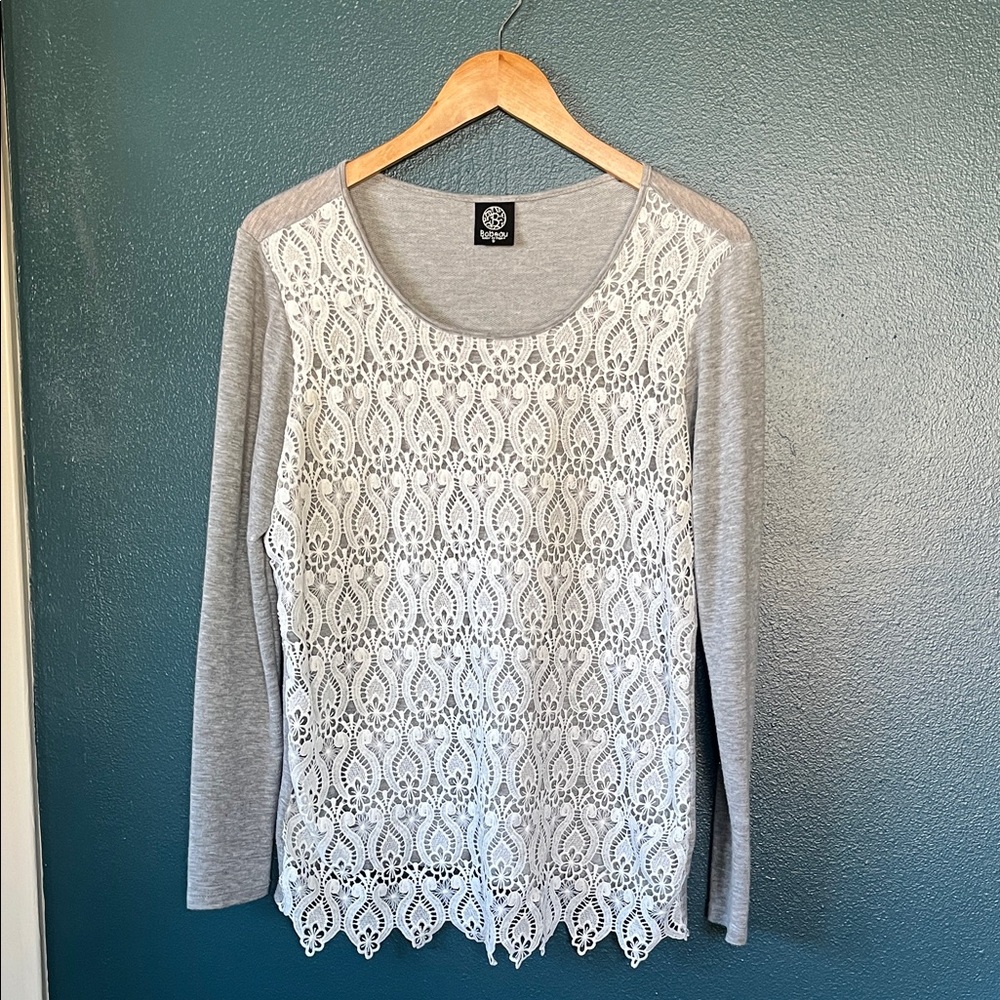 bobeau Grey Lace Front Long Sleeve Blouse